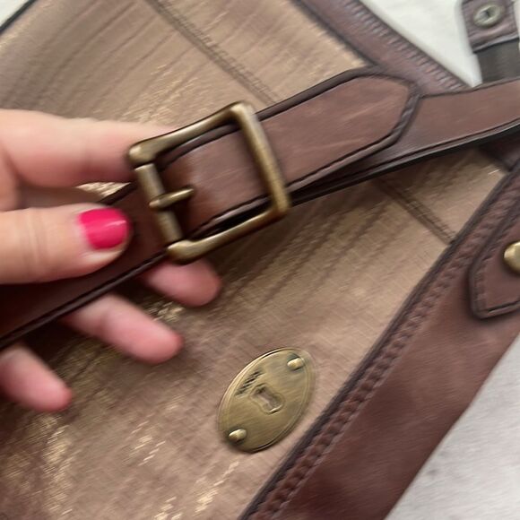 Fossil RARE Bronze Gold Soft Leather Messenger Crossbody w\Skeleton key - Picture 5 of 11